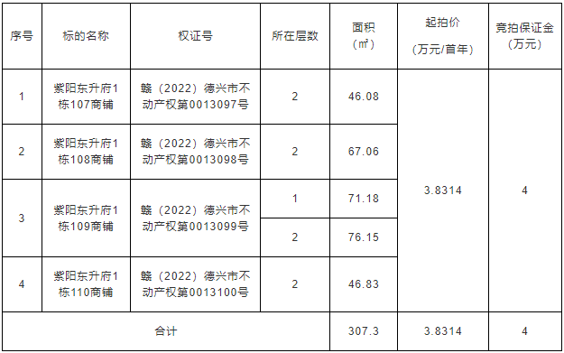 德兴市紫阳东升府1栋107、108、109、110的二层及109的一层共5间商铺整体招租（5年） 拍卖公告